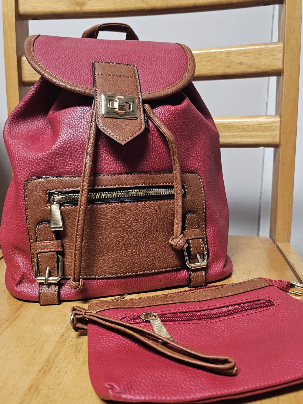 Lipstick Red Brown Faux Leather Backpack Travel Vacation Medium Multipurpose Bag